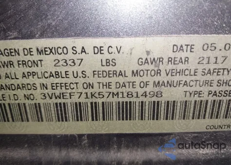 2007 Volkswagen Jetta Wolfsburg Edition из США, поврежденный, VIN 3VWEF71K57M181498